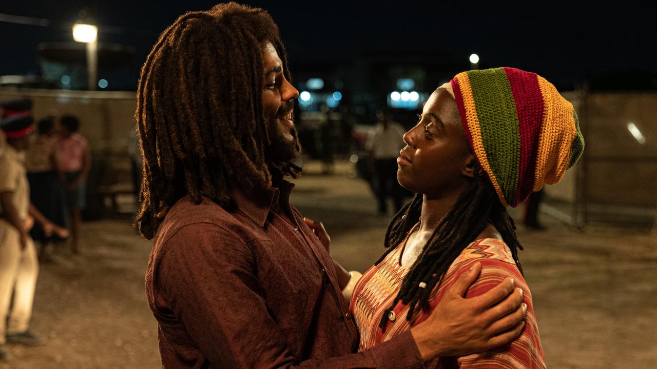 Kingsley Ben-Adir as Bob Marley and Lashana Lynch as Rita Marley in Bob Marley: One Love from Paramount Pictures.