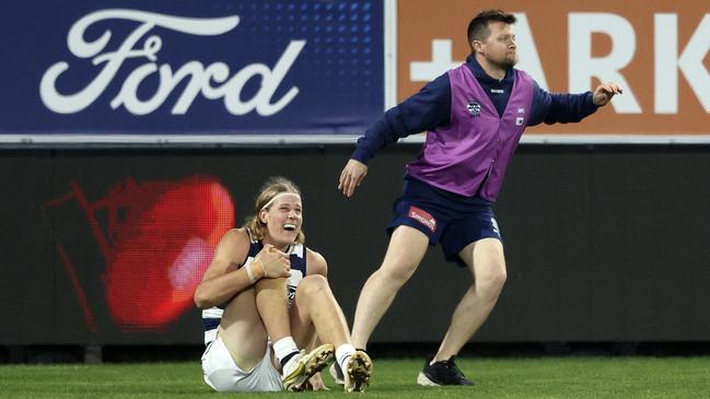 Sam De Koning was subbed out with a knee injury. Picture: Martin Keep/AFL Photos/via Getty Images