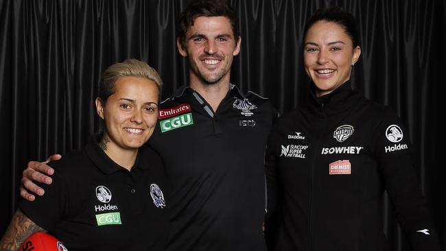 Collingwood captain Scott Pendlebury with women’s team star Moana Hope (left) and netball star Sharni Layton (right). Picture: Wayne Ludbey