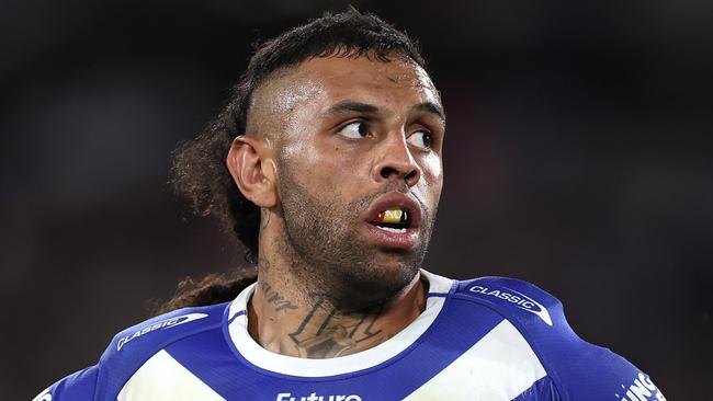 SYDNEY, AUSTRALIA - AUGUST 30:  Josh Addo-Carr of the Bulldogs looks on during the round 26 NRL match between Canterbury Bulldogs and Manly Sea Eagles at Accor Stadium on August 30, 2024, in Sydney, Australia. (Photo by Cameron Spencer/Getty Images)