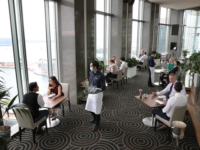 The Altitude Restaurant at the Shangri-La Hotel at The Rocks in Sydney complies with COVID-19 spacing restrictions. Picture: Richard Dobson