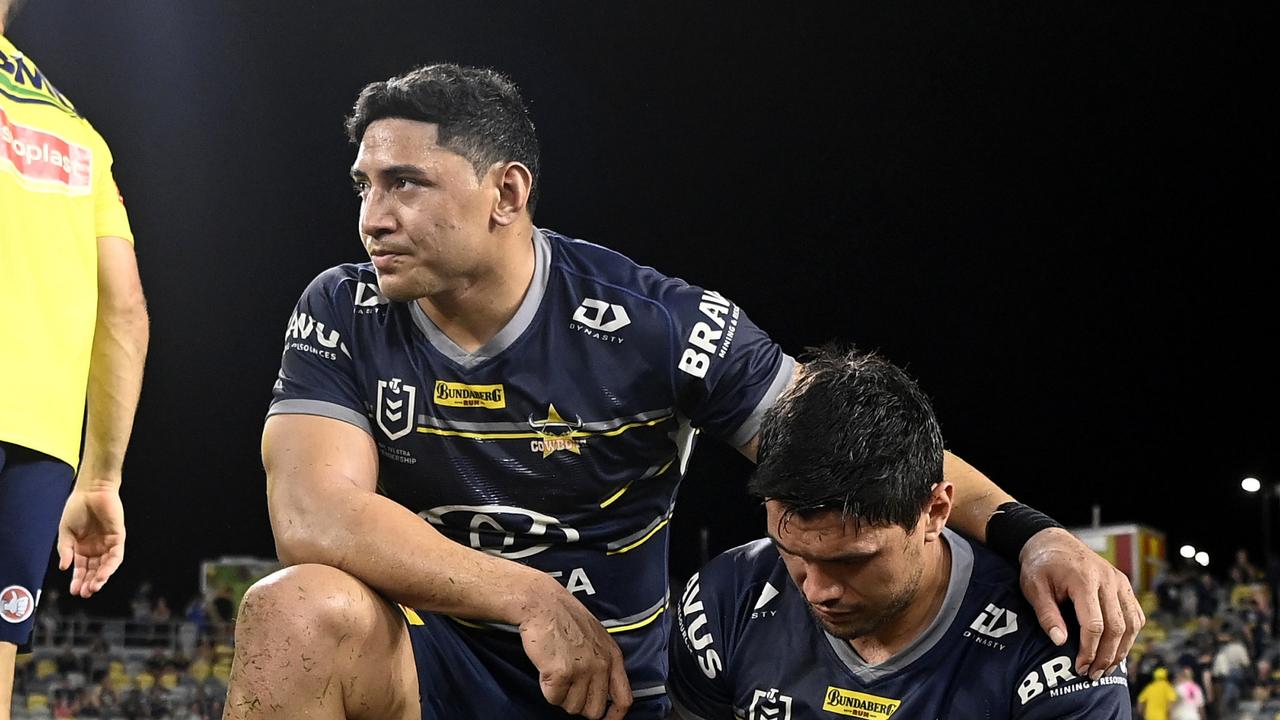 TOWNSVILLE, AUSTRALIA - SEPTEMBER 23: Jordan McLean of the Cowboys and Jason Taumalolo of the Cowboys react after losing the NRL Preliminary Final match between the North Queensland Cowboys and the Parramatta Eels at Queensland Country Bank Stadium on September 23, 2022 in Townsville, Australia. (Photo by Ian Hitchcock/Getty Images)
