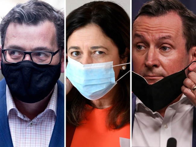 Lockdown crew … premiers Daniel Andrews, Annastacia Palaszczuk and Mark McGowan. Picture: David Geraghty, Dan Peled/NewsWire, Colin Murty