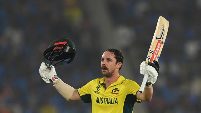 Travis Head on top of the world during the World Cup at Narendra Modi Stadium in Ahmedabad, India. Picture: Gareth Copley/Getty Images