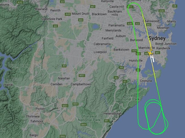 The Qantas flight's path on radar as it circled ahead of the emergency landing. Picture: Supplied