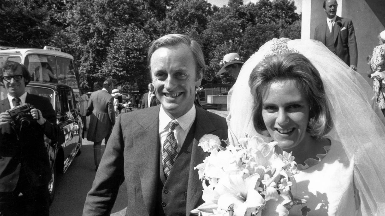 Camilla and Captain Andrew Parker Bowles outside the Guards' Chapel on their wedding day. Picture: Getty Images