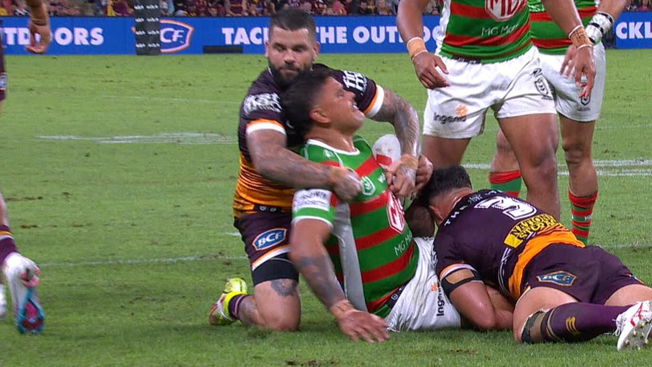 Latrell Mitchell and Adam Reynolds got into a minor scuffle after the latter accused the Rabbitohs star of a headbutt. Picture: Supplied