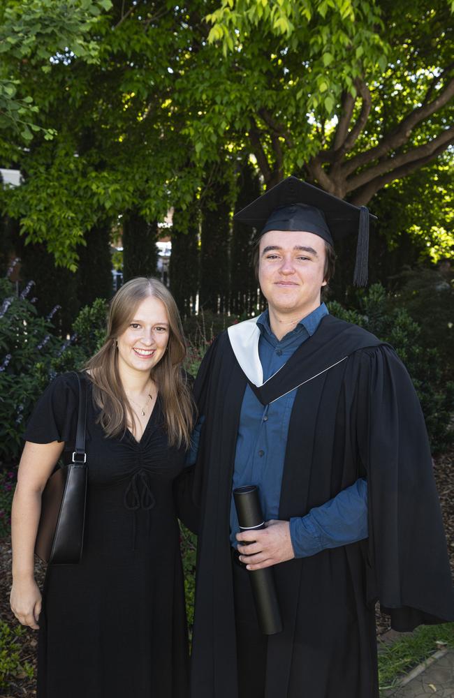 Kalia White congratulates her brother Jake White on his graduation with a Bachelor of Arts with Distinction at a UniSQ graduation ceremony at The Empire, Tuesday, October 29, 2024. Picture: Kevin Farmer