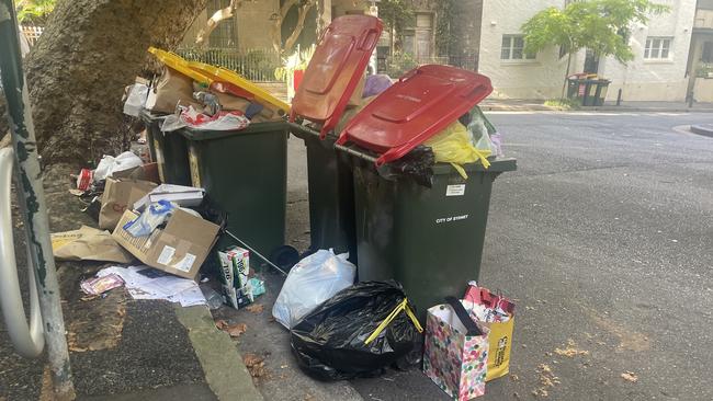 Bins overflow on City of Sydney's streets on Tuesday morning. Picture: Supplied