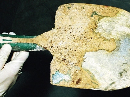 Matthew Benjamin Holding (then 23) pleaded guilty to murdering his mother, Ying Holding (49) and Chun Mi Ng (68). Pictured is soil on the shovel Holding used to bury his victims.