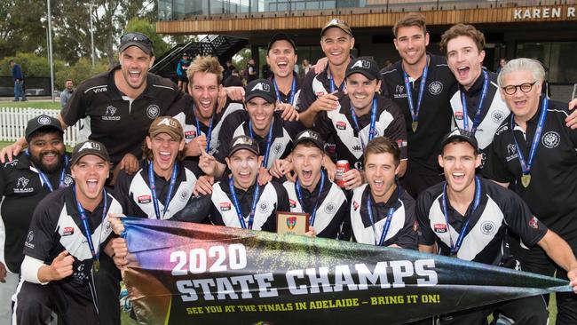 Adelaide University after winning the 2019/2020 Twenty20 cricket grand final against East Torrens. Picture: Simon Stanbury