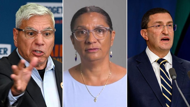 Warren Mundine, left, Nova Peris, centre, and Julian Leeser have all spoken out against the use of the Aboriginal flag in anti-Israel protests. Pictures: News Corp/Supplied