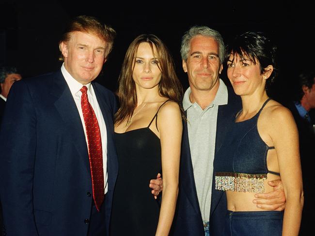 From left, American real estate developer Donald Trump and his girlfriend (and future wife), Melania Knauss, financier Jeffrey Epstein, and British socialite Ghislaine Maxwell pose together at the Mar-a-Lago club, Palm Beach, Florida in 2000. Picture: Getty Images