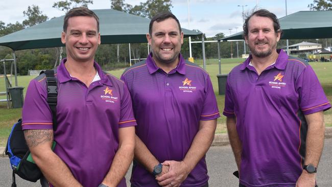 Sunshine Coast 16-18 years team officials Tim Baldwin, Chris Little and Jay Wilkinson at the Queensland School Sport rugby league state championships at Marley Brown Oval, Gladstone, on May 17, 2025.