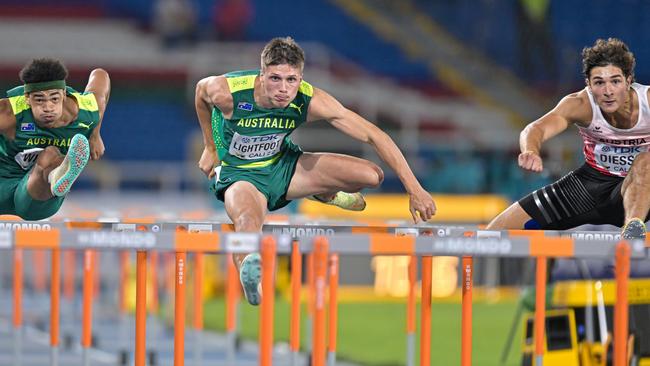 Tayleb Willis and Mitchell Lightfoot (2R) of Team Australia competes in the Men's 110m final round on day three of the World Athletics U20 Championships Cali 2022 at Pascual Guerrero stadium on August 3, 2022 in Cali, Colombia. (Photo by Pedro Vilela/Getty Images)