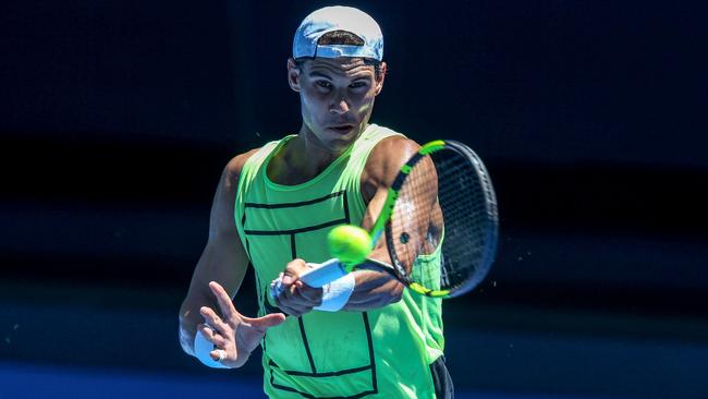 Rafael Nadal in action during a practice session on Rod Laver Arena. Picture: Tim Carrafa