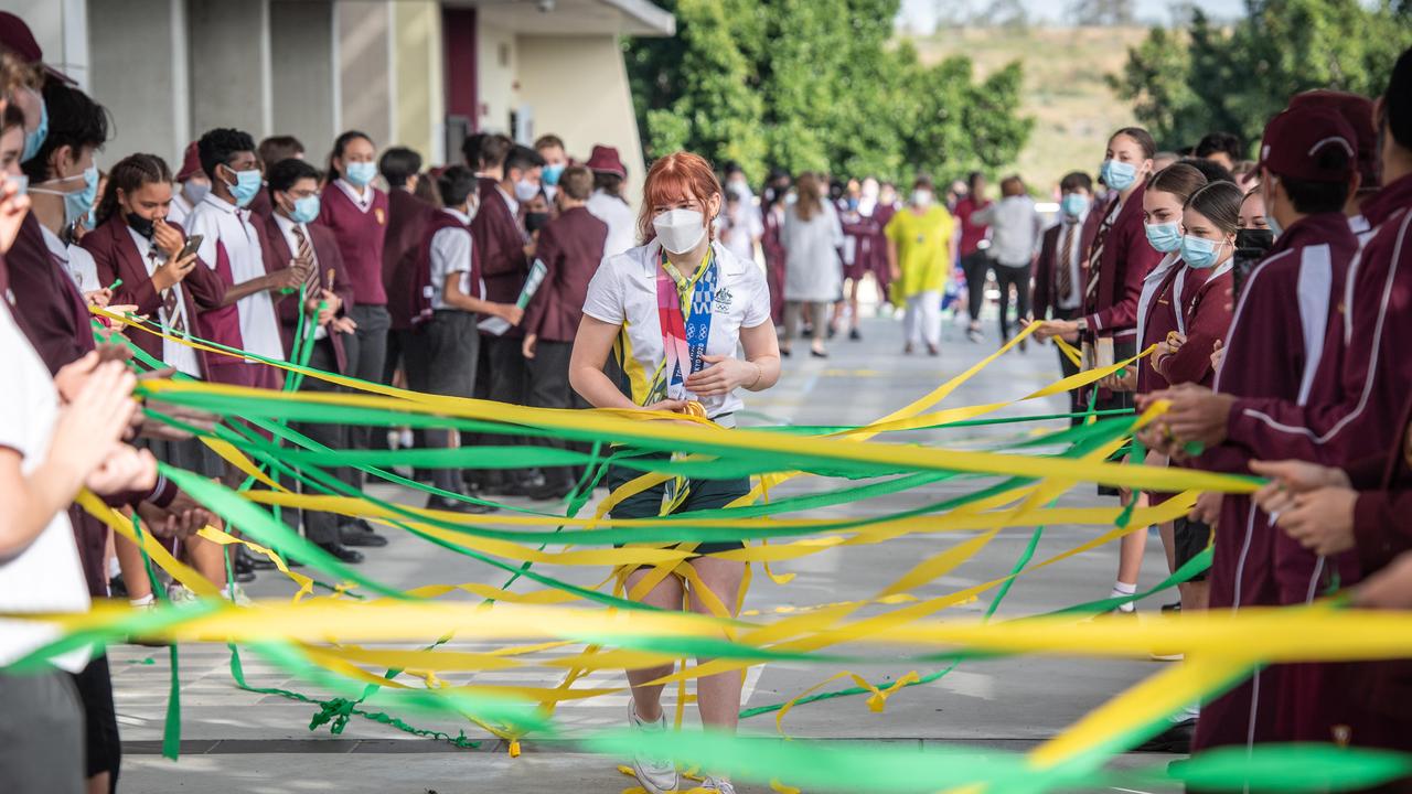 Mollie O'Callaghan back to school at St Peters Lutheran College Springfield after returning from the Olympics with two Gold and a bronze medal. PICTURE: Brad Fleet