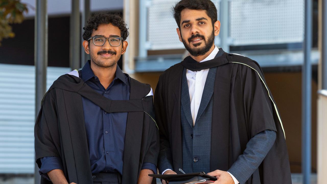 Melvin Shaju and Denn Vallikkattil at the 2025 Graduation ceremony held at Charles Darwin University on May 20, 2025. Picture: Pema Tamang Pakhrin