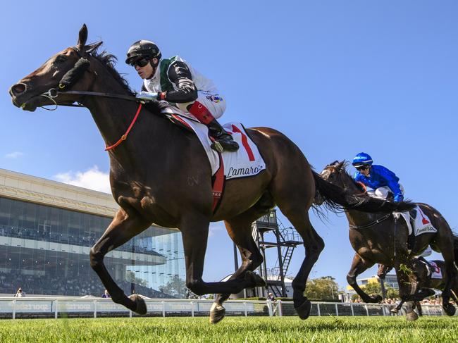 MELBOURNE, AUSTRALIA - FEBRUARY 24: Craig Williams riding Mr Brightside winning Race 7, the Lamaro's Hotel Futurity Stakes, during Melbourne Racing at Caulfield Racecourse on February 24, 2024 in Melbourne, Australia. (Photo by Vince Caligiuri/Getty Images)