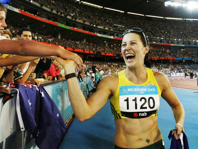 Melbourne 2006 Commonwealth Games. Day 08. Athletics. Womens 400m Hurdles Final. Jana Pittman wins gold.