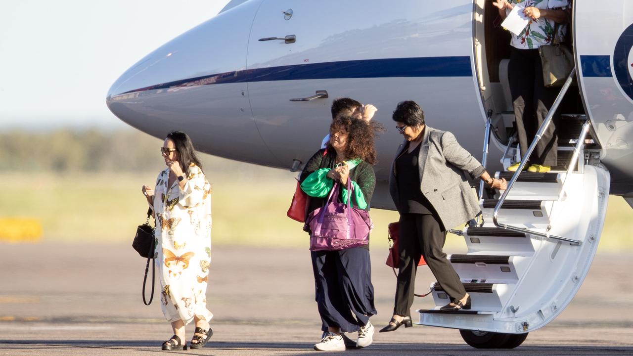 Linda Burney, Malarndirri McCarthy and Marion Scrymgour landed in Alice Springs in a government RAAF VIP jet on Thursday. Picture: Liam Mendes / The Australian