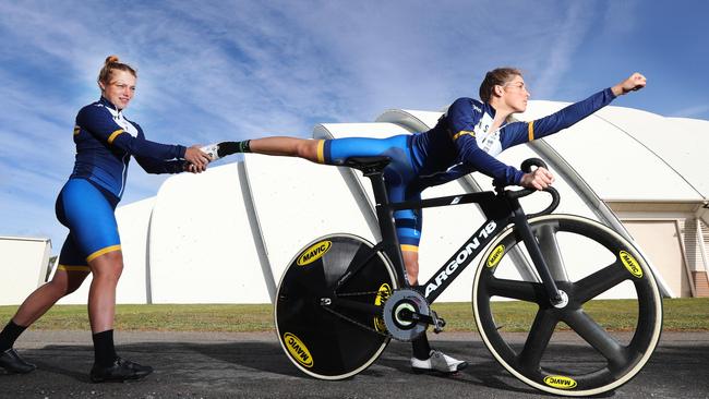 28.9.2018.Kristina Clonan and Macey Stewart with their bikes and kit at the Adelaide SuperDrome before training. They have returned to the track program and will race in the Oceania Championships next month.  PIC TAIT SCHMAAL.