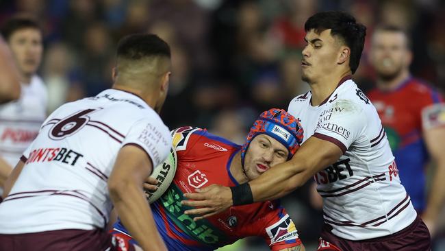 Ponga copped several head knocks against the Sea Eagles in Round 13, but seemed unfazed by them all and able to play on. Picture: Getty Images.