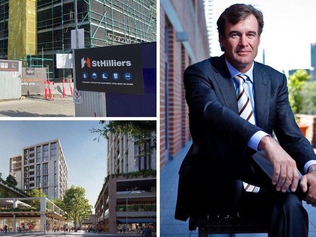 Clockwise from top left: St Hilliers construction site in Brisbane, founder Tim Casey and artist's impression of the Thornton project in Sydney.