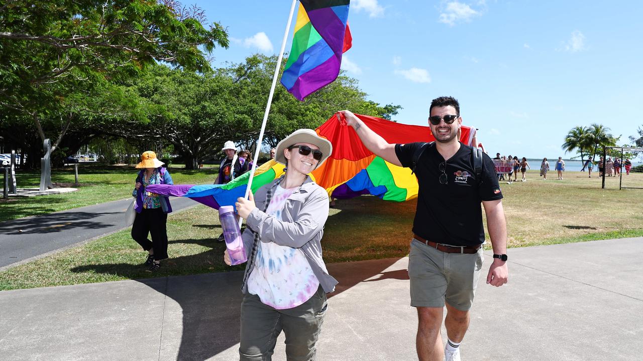 A small group of LGBTIQ people and supporters paraded along the Cairns Esplanade with a huge rainbow flag for the Pride Stride, part of the Cairns Pride Festival. Jules Seabright and CJ led the march for the majority of the parade. Picture: Brendan Radke