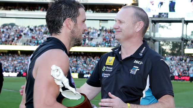 Port Adelaide captain Travis Boak and coach Ken Hinkley have not celebrated a Showdown win since May 2015 — and questions linger on how repetitive derby losses have hurt the Power’s pysche in the SA grudge match. Picture: Sarah Reed.