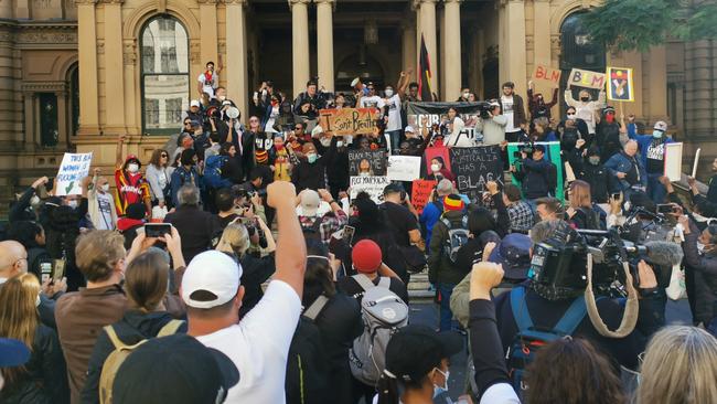 Protesters gathered outside Sydney Town Hall well before 3pm — in defiance of the Supreme Court ban. The ban was overturned by the Court of Appeal. Picture: Sam Ruttyn