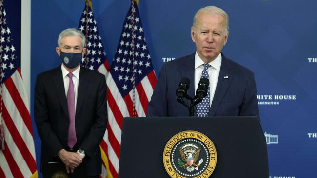 US President Joe Biden with Federal Reserve chairman Jerome Powell in Washington on Tuesday. Picture: Getty Images