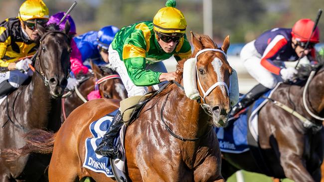 Regal Azmon, ridden by Lachlan Neindorf, wins the Cummings Stakes at Morphettville on Saturday. Picture: Makoto Kaneko