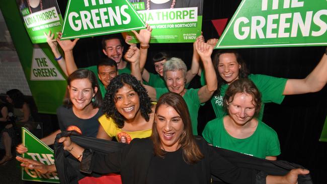 Lidia Thorpe, front, celebrates her win with supporters. Picture: AAP