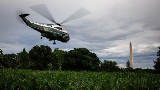 Marine One, with President Trump on board, leaving the South Lawn of the White House this week. Picture: Samuel Corum/Press Pool