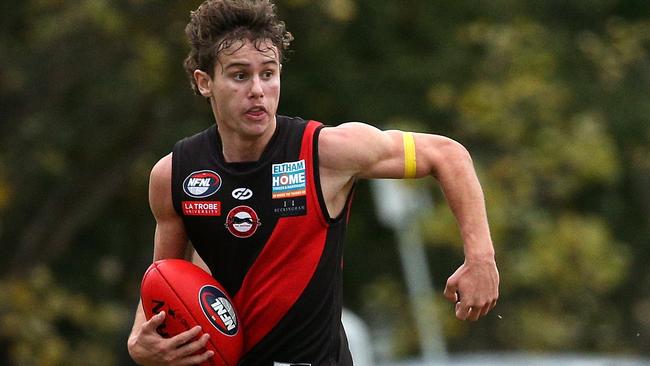 NFL: Eltham v Thomastown: Jason McCormick of Eltham runs forward on Saturday May 14, 2022, in Eltham, Australia. Picture: Hamish Blair