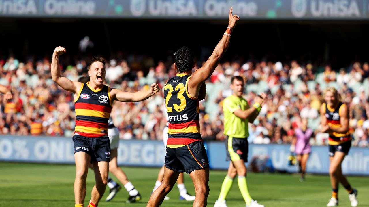 Shane McAdam celebrates after booting a goal in Round 1. Picture: James Elsby/AFL Photos via Getty Images