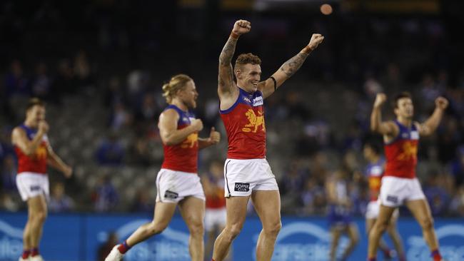 Mitch Robinson of the Lions celebrates after the Round 2 AFL match between the North Melbourne Kangaroos and the Brisbane Lions at Marvel Stadium, Melbourne, Sunday, March 31, 2019. (AAP Image/Daniel Pockett)