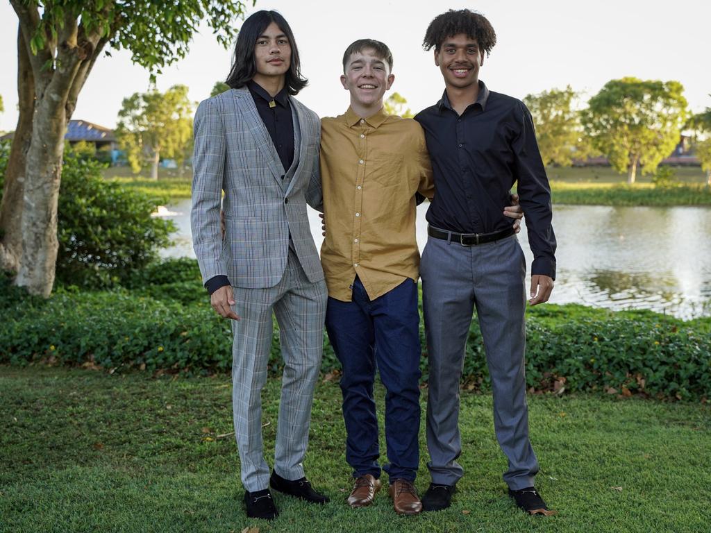 Egan Baker, Cameron Dhu and Jermaine Quakawoot at the Mackay North State High School formal at Windmill Function Centre, November 19, 2021. Picture: Heidi Petith