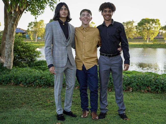 Egan Baker, Cameron Dhu and Jermaine Quakawoot at the Mackay North State High School formal at Windmill Function Centre, November 19, 2021. Picture: Heidi Petith