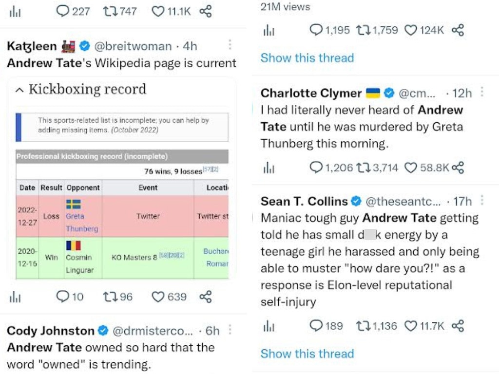 Greta Thunberg's Andrew Tate putdown among top 10 most-liked tweets in  history - Mirror Online