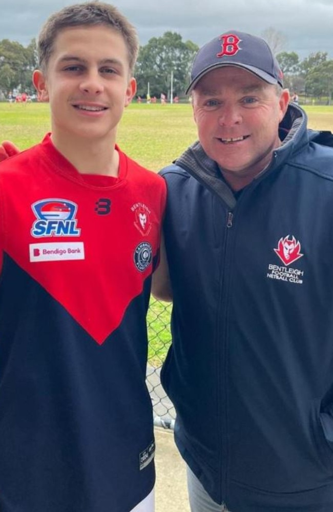 Willis Reidy (L) stands with Bentleigh coach Kristian Bardsley ahead of his senior debut.