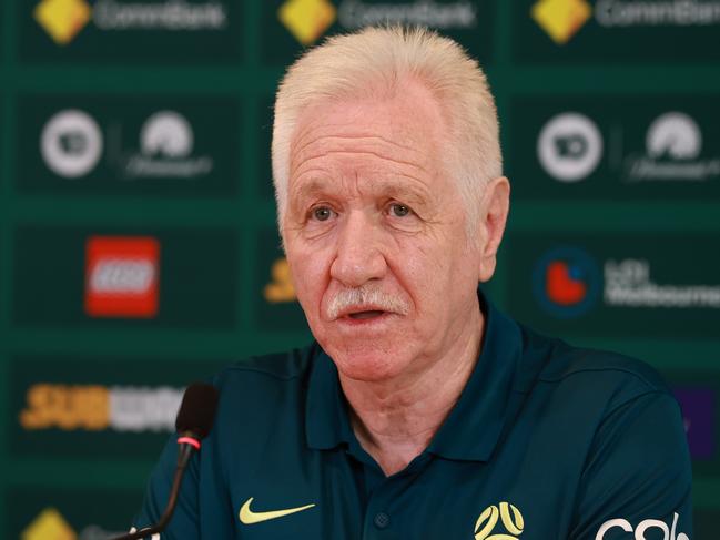 SYDNEY, AUSTRALIA - FEBRUARY 04: Tom Sermanni, Interim Head Coach, CommBank Matildas speaks to the media during the Matildas squad announcement for the upcoming SheBelieves Cup, at Football Australia Head Office on February 04, 2025 in Sydney, Australia. (Photo by Darrian Traynor/Getty Images)