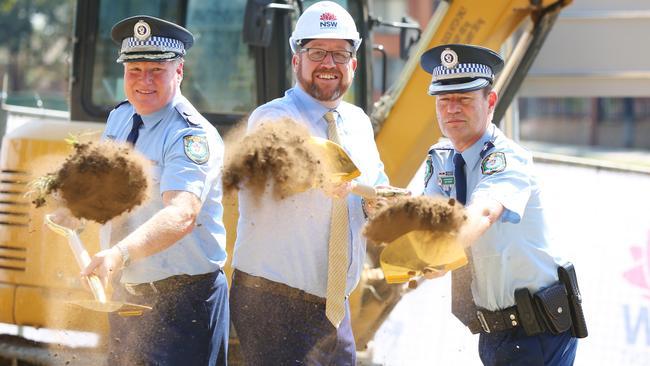 Deputy Commissioner Jeff Loy APM, Police Minister Troy Grant and Superintendent Jeff Philippi turn the sod at for the construction of the new Mt Druitt police station. Picture: Angelo Velardo