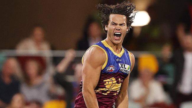 Cam Rayner celebrate a match-turning goal against the Tigers. Picture: Michael Klein