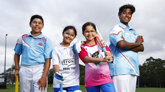 DAILY TELEGRAPH NOVEMBER 19, 2024. Junior cricket players from left Kaveesh Verma, 12, twin sisters Aarna and Anaaya Shah, 10, and Shashank Ganta, 13, at Curtis Oval in Dundas . Picture: Jonathan Ng