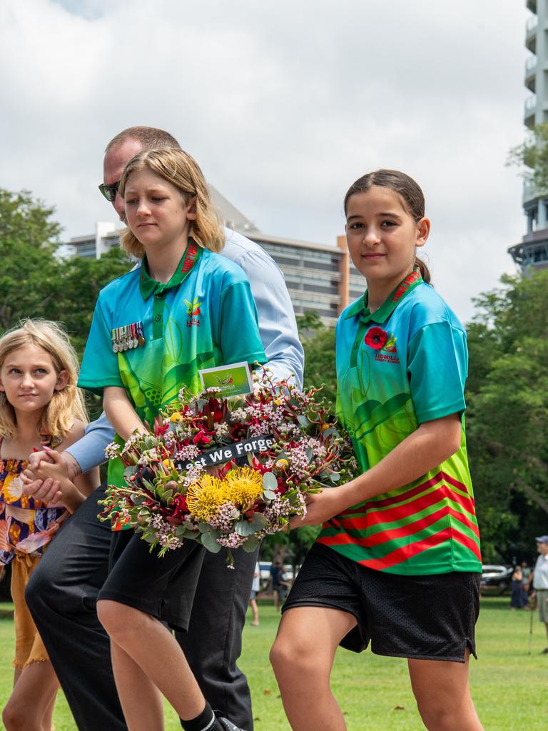 Abel Riordan and Savannah Zaloumis paid tribute at the Darwin Cenotaph with the laying of wreaths, 2023. Picture: Pema Tamang Pakhrin