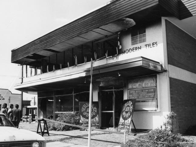 Brisbane’s Whiskey Au Go Go nightclub after the fire bombing in 1973. Picture: Supplied