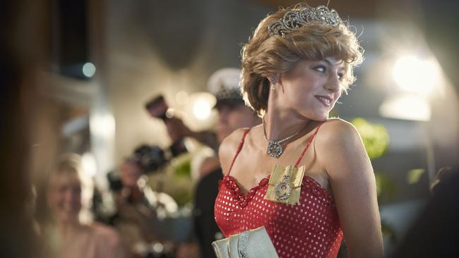 Corrins as Princess Diana at the Military Hostel Front, Malaga in The Crown. Picture: Netflix