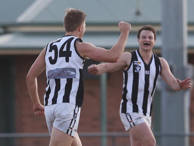 Jake Richardson celebrates a goal for Narre Warren. Picture: David Crosling